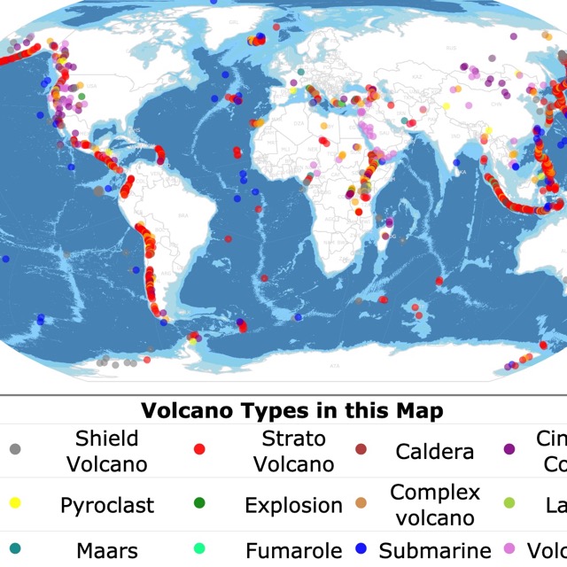 World map of volcano types 