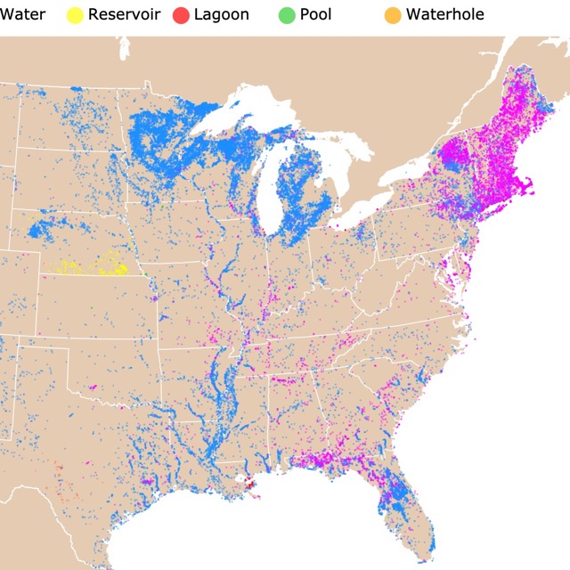 Map of Lakes and Ponds of the USA