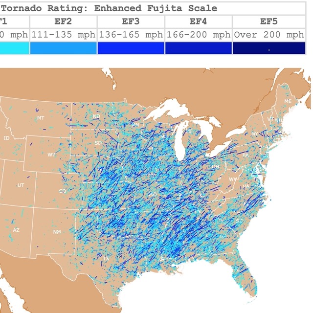 Map of Tornado Tracks in the USA