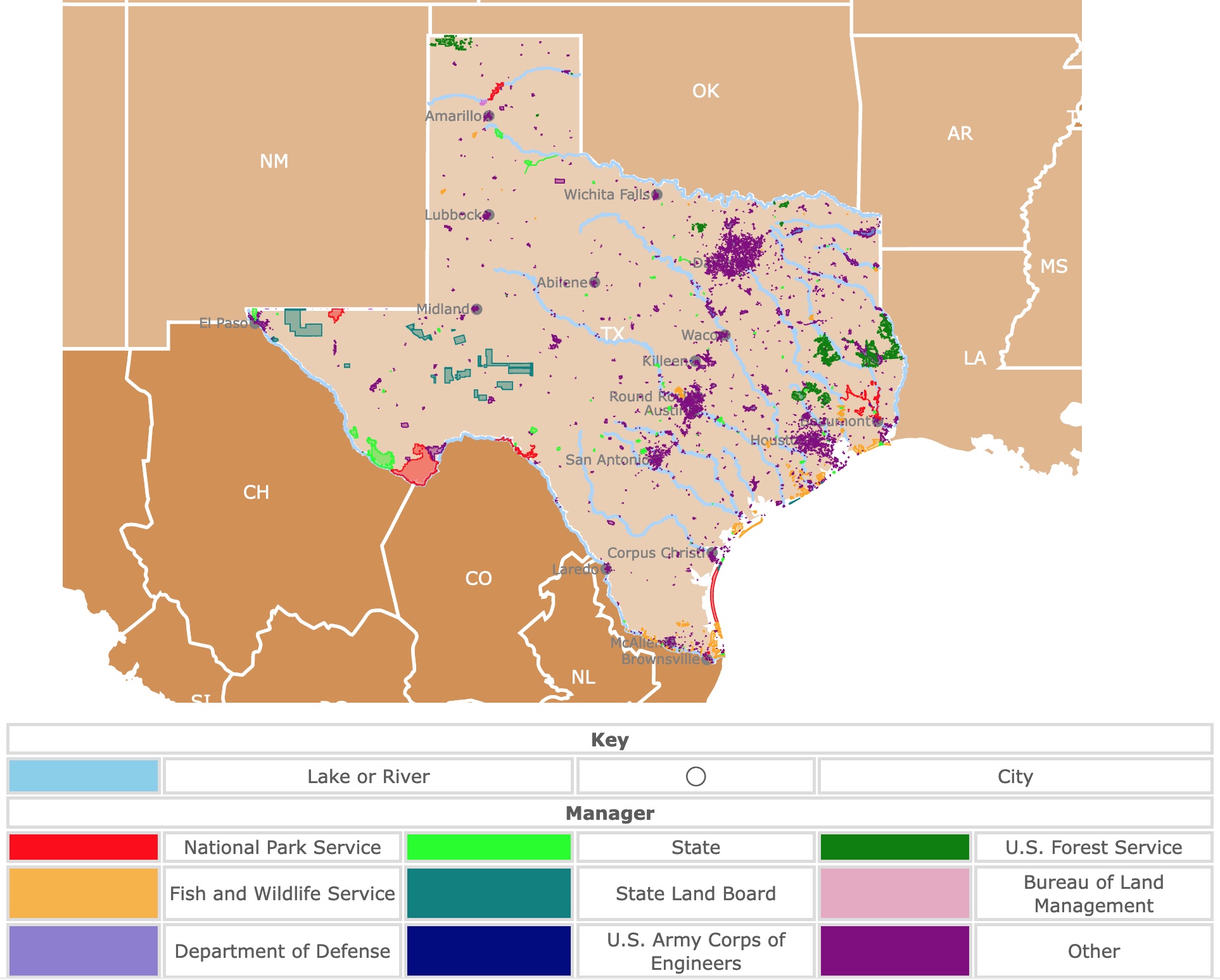 Interactive map of Texas state parks, national parks, forests, and wildlife management areas 