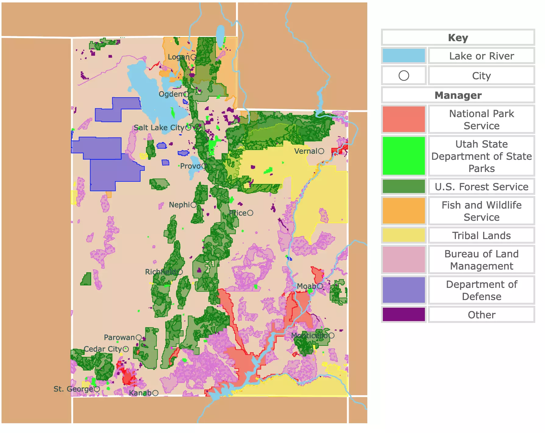Map of Utah's national parks, state parks, national forests, and public lands areas